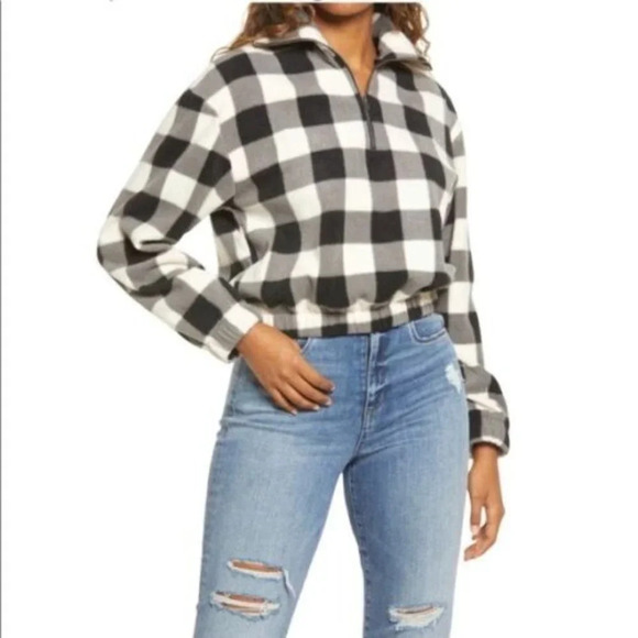 NWT BP | Black & Ivory Buffalo Check Cropped Half Zip Pullover Fleece - Size S - Picture 1 of 13